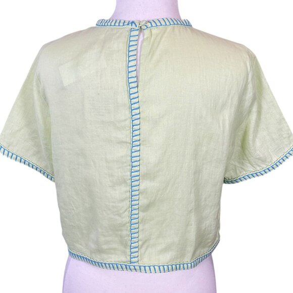 Magashoni Short Sleeve 100% Linen Green Crop Top Cyan Blanket Stitching Med NWT - Picture 4 of 8